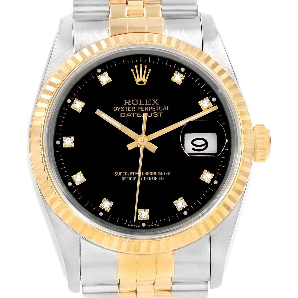 This is a front view of the Rolex Datejust 16233 Men's Steel and Gold (two tone) Black Dial 16233 Men's Steel and Gold (two tone) Black Dial watch, showcasing its dial, bracelet, and date window.
