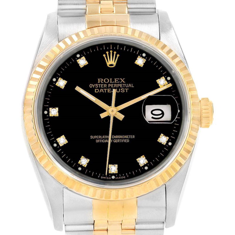 Rolex Datejust 36 Steel Yellow Gold Black Diamond Dial Mens Watch 16233 SwissWatchExpo