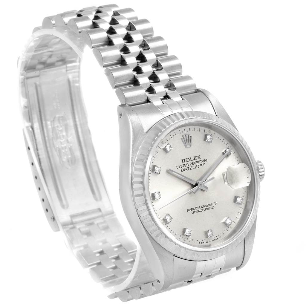 The image shows a Rolex Datejust 16234 Men's Stainless Steel Silver Dial 16234 Men's Stainless Steel Silver Dial watch at a three-quarter angle displaying the dial, bezel, crown, and bracelet.