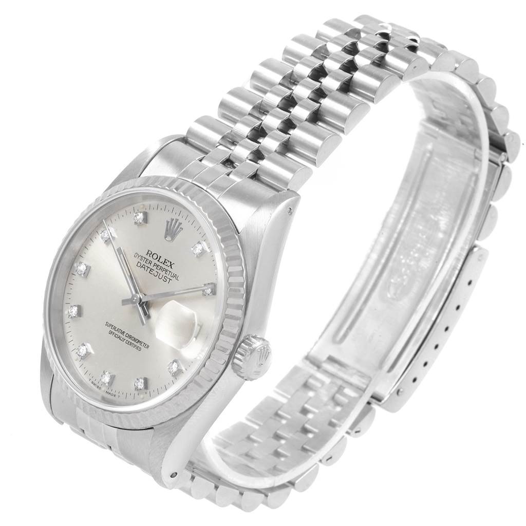 The image shows a Rolex Datejust 16234 Men's Stainless Steel Silver Dial 16234 Men's Stainless Steel Silver Dial watch at a 3/4 angle, displaying the face, bezel, crown, and Jubilee bracelet.