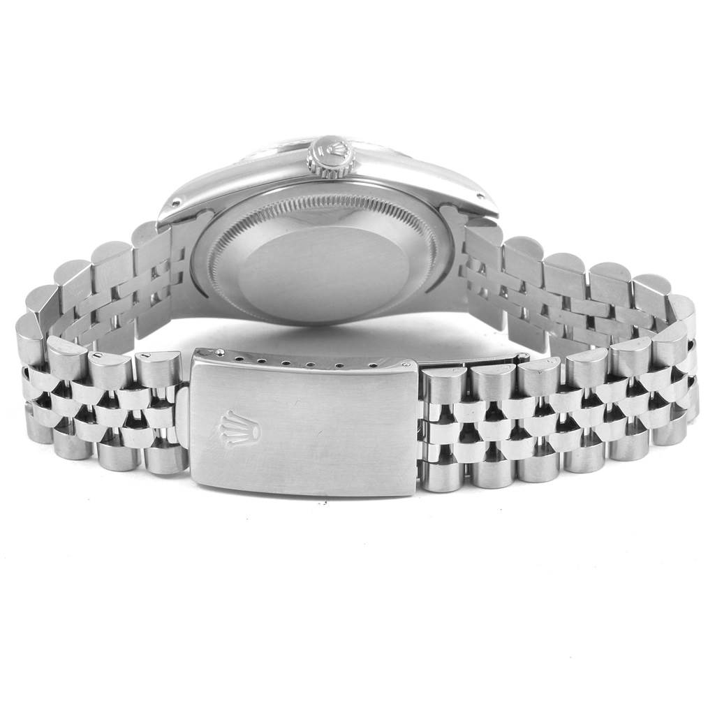 This image shows the back view of the Rolex Datejust 16234 Men's Stainless Steel Silver Dial 16234 Men's Stainless Steel Silver Dial watch, focusing on the case back, crown, and bracelet clasp.