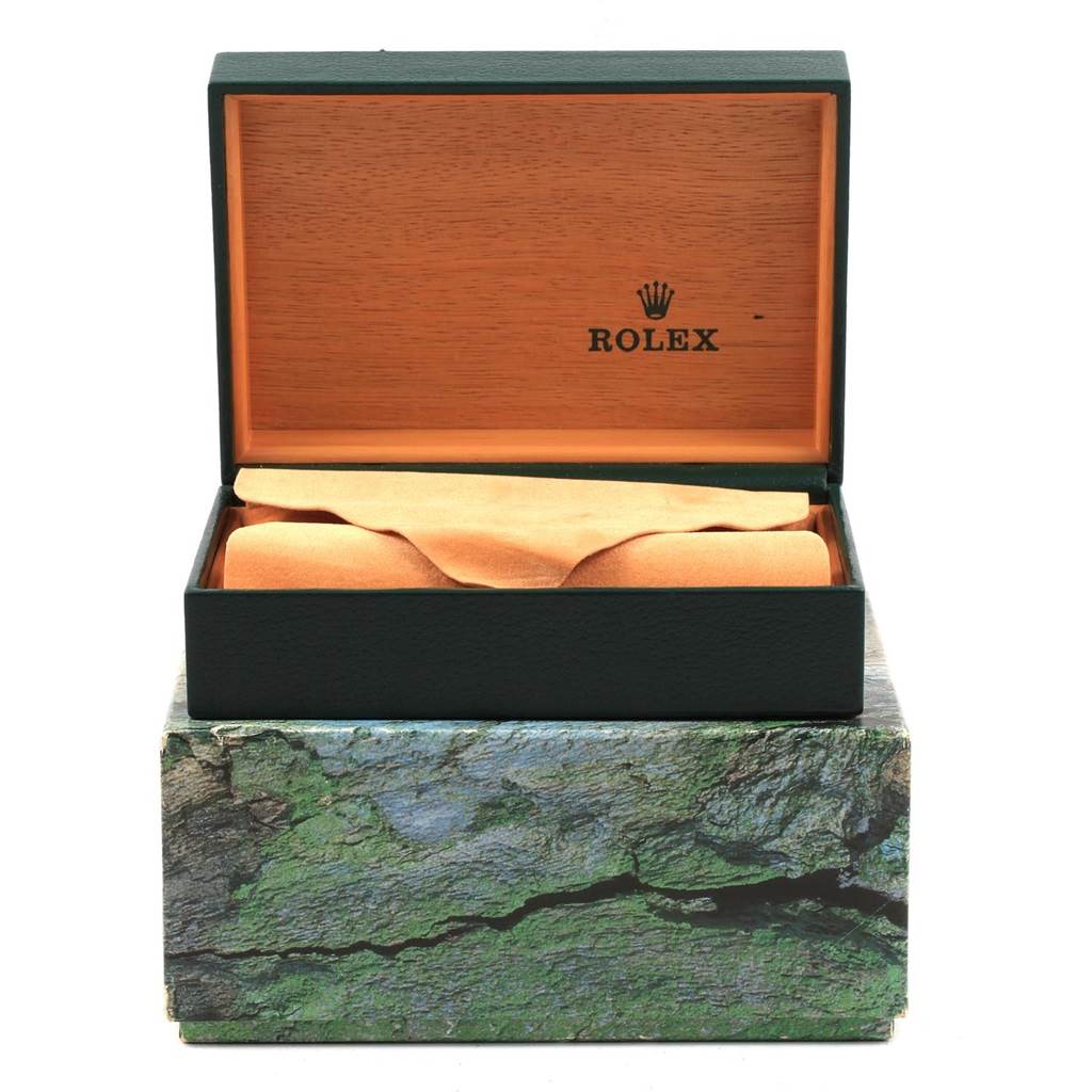 The image shows an open Rolex Datejust 16234 Men's Stainless Steel Silver Dial 16234 Men's Stainless Steel Silver Dial watch box with the inside lid displaying the Rolex logo.