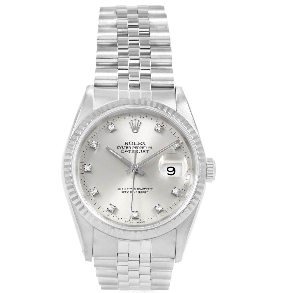 The image shows a front view of a Rolex Datejust 16234 Men's Stainless Steel Silver Dial 16234 Men's Stainless Steel Silver Dial watch, displaying the dial, date window, bezel, case, and bracelet.