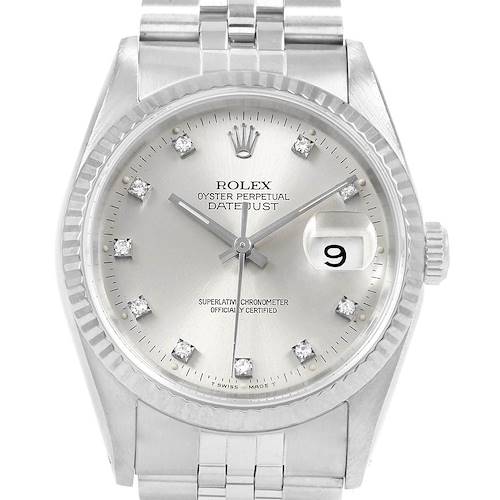 The image shows a frontal view of a Rolex Datejust watch displaying the dial, hands, date window, and part of the bracelet.