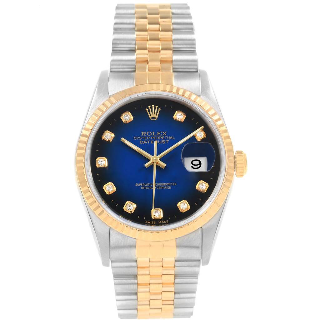 This image shows a front view of a Rolex Datejust 16233 Men
s Steel and Gold (two tone) Blue Dial 16233 Men
s Steel and Gold (two tone) Blue Dial watch, highlighting the dial, bezel, and bracelet.