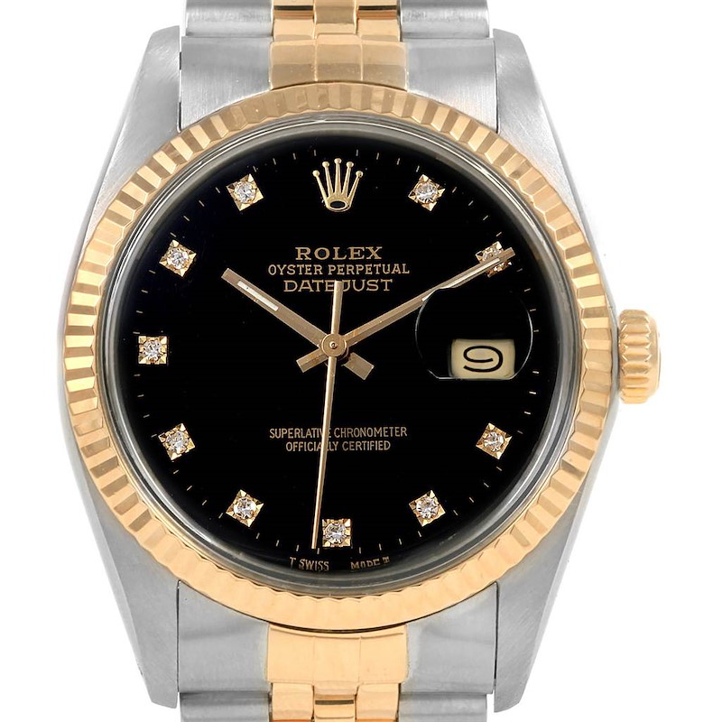 Rolex Datejust 36 Steel Yellow Gold Black Diamond Dial Mens Watch 16013 SwissWatchExpo