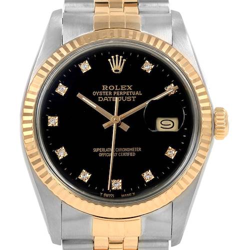 This Rolex Datejust watch is shown from a straight-on angle, displaying the face, bezel, and part of the bracelet.