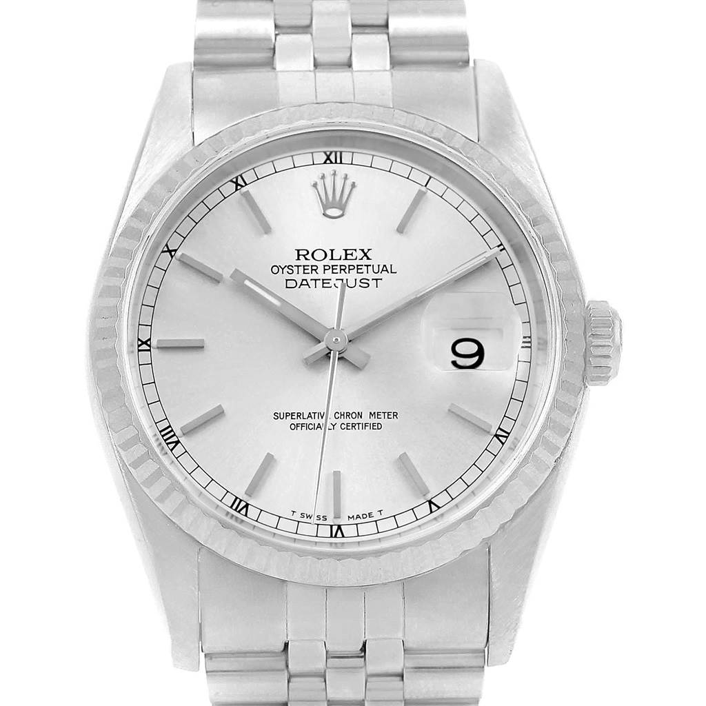 The image shows a front-angle view of the Rolex Datejust 16234 Men's Stainless Steel Silver Dial 16234 Men's Stainless Steel Silver Dial watch face and part of the bracelet.