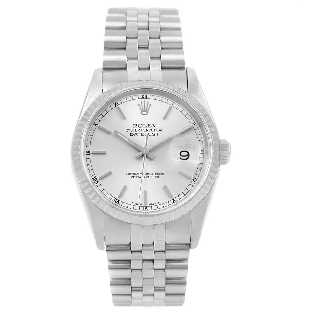 The Rolex Datejust 16234 Men's Stainless Steel Silver Dial 16234 Men's Stainless Steel Silver Dial watch is shown from the front, displaying the dial, bezel, and bracelet.