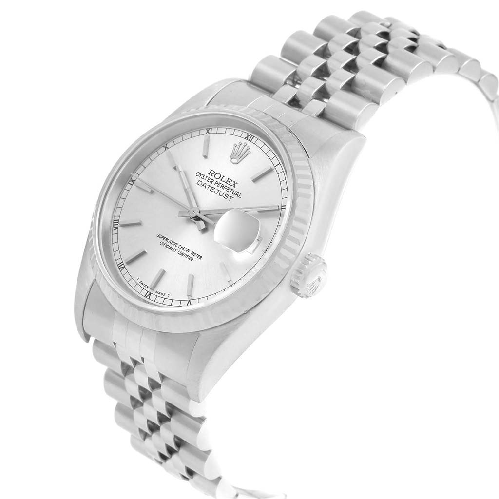 The Rolex Datejust 16234 Men's Stainless Steel Silver Dial 16234 Men's Stainless Steel Silver Dial watch is shown at an angled view highlighting the face, crown, and portion of the bracelet.