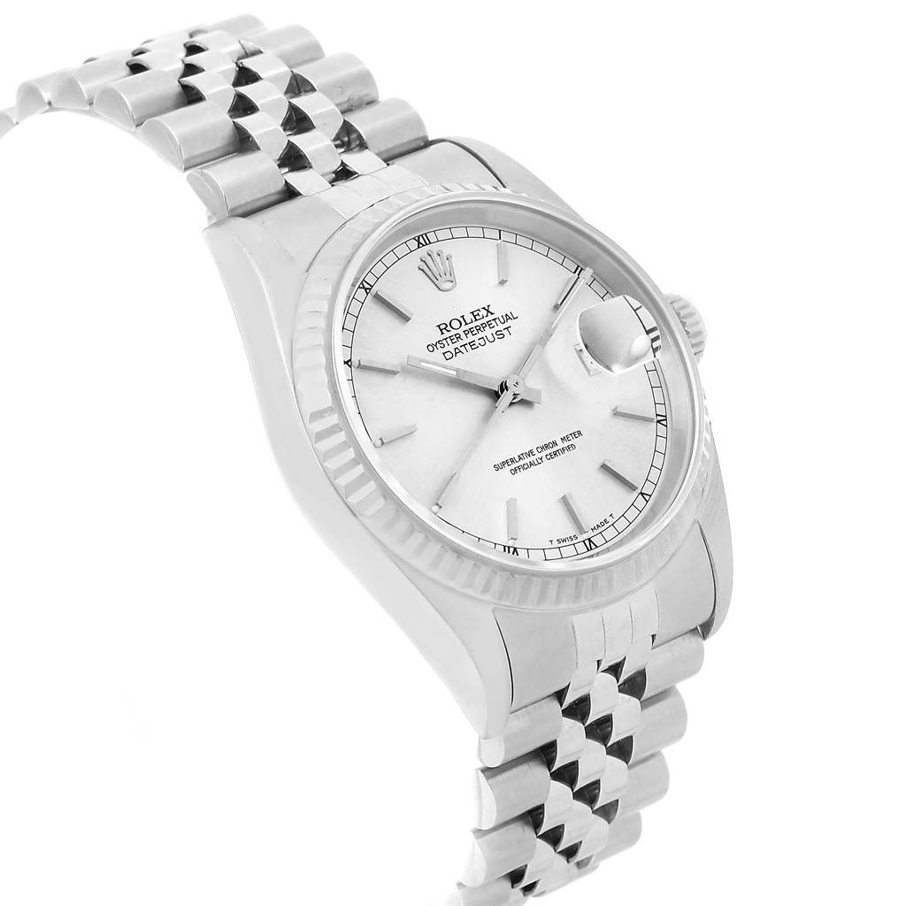 The image shows a Rolex Datejust 16234 Men's Stainless Steel Silver Dial 16234 Men's Stainless Steel Silver Dial model watch from an angled view, highlighting the dial, bezel, and Jubilee bracelet.