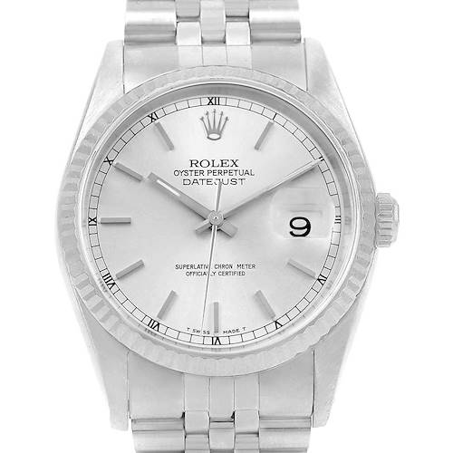 This image shows the front view of a Rolex Datejust watch, highlighting the dial, hands, and bracelet.