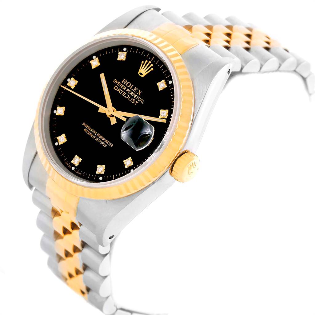 This image shows a Rolex Datejust 16233 Men's Steel and Gold (two tone) Black Dial 16233 Men's Steel and Gold (two tone) Black Dial watch at a slight diagonal angle, highlighting the black dial, gold bezel, and two-tone bracelet.