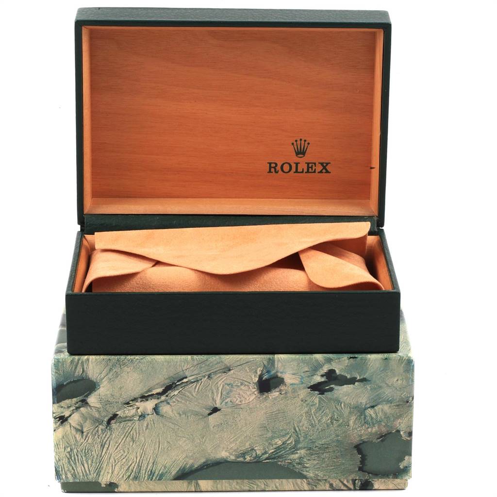 A Rolex Datejust 16233 Men's Steel and Gold (two tone) Black Dial 16233 Men's Steel and Gold (two tone) Black Dial watch box is shown from the front, open, with its interior and cloth lining visible.
