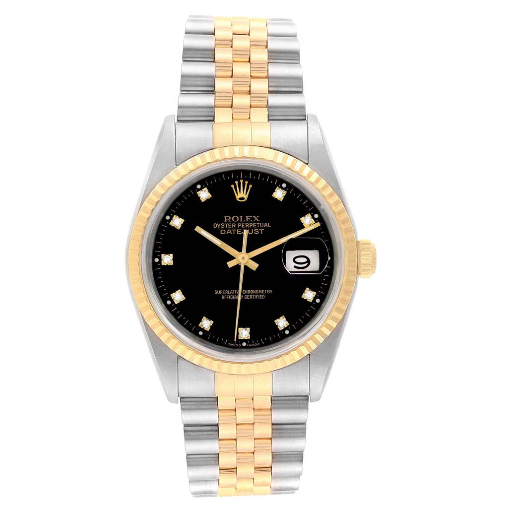 The Rolex Datejust 16233 Men's Steel and Gold (two tone) Black Dial 16233 Men's Steel and Gold (two tone) Black Dial watch is shown from a top-down angle, featuring a black dial, gold fluted bezel, and a two-tone metal bracelet.
