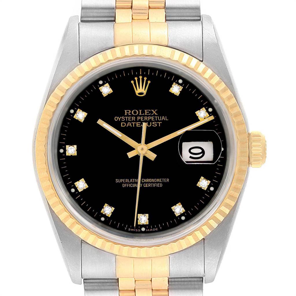 This Rolex Datejust 16233 Men's Steel and Gold (two tone) Black Dial 16233 Men's Steel and Gold (two tone) Black Dial model is shown from a front view, highlighting its black dial, diamond markers, date window, and two-tone bracelet.