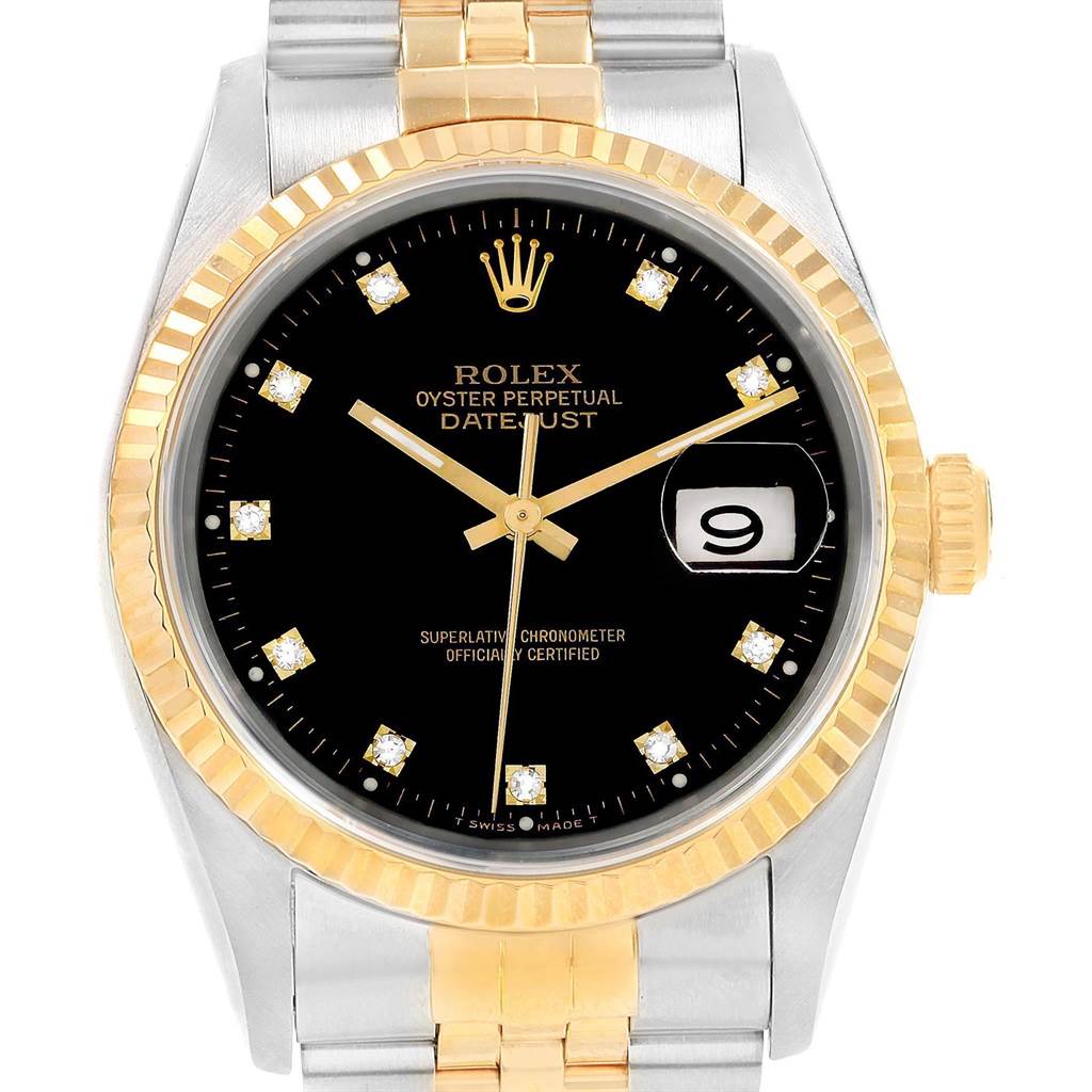 Rolex Datejust 36 Steel Yellow Gold Black Diamond Dial Mens Watch 16233 ...
