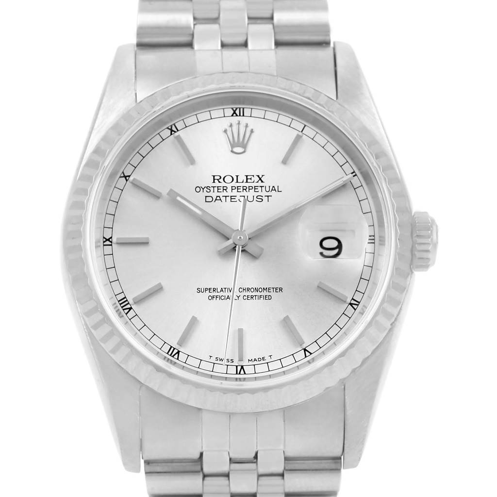 The image shows a front view of the Rolex Datejust 16234 Men's Stainless Steel Silver Dial 16234 Men's Stainless Steel Silver Dial watch, highlighting its silver dial, date window, and jubilee bracelet.