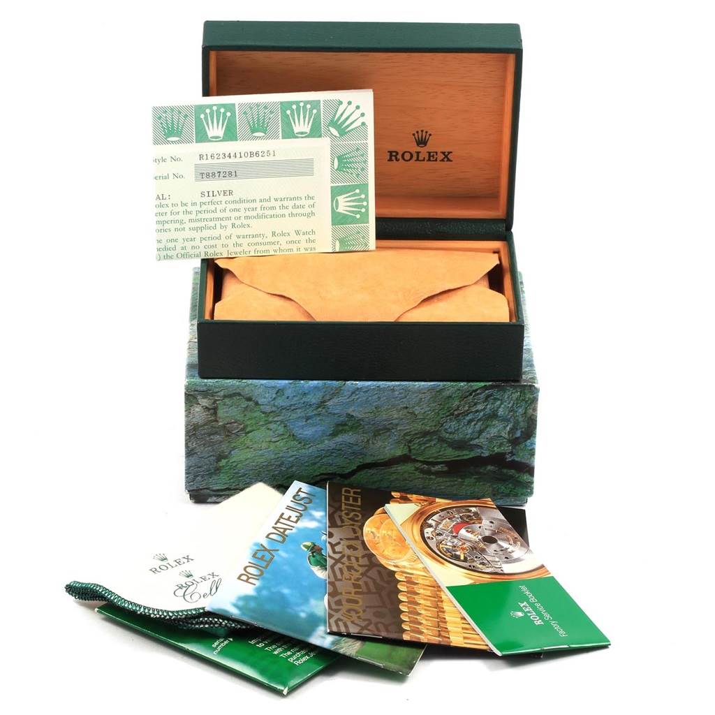 The image shows the packaging, box, and documents for a Rolex Datejust 16234 Men's Stainless Steel Silver Dial 16234 Men's Stainless Steel Silver Dial model watch.