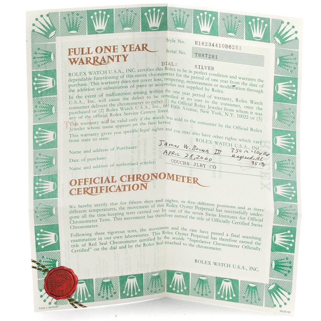 This image shows the official warranty and chronometer certification for a Rolex Datejust 16234 Men's Stainless Steel Silver Dial 16234 Men's Stainless Steel Silver Dial model watch.