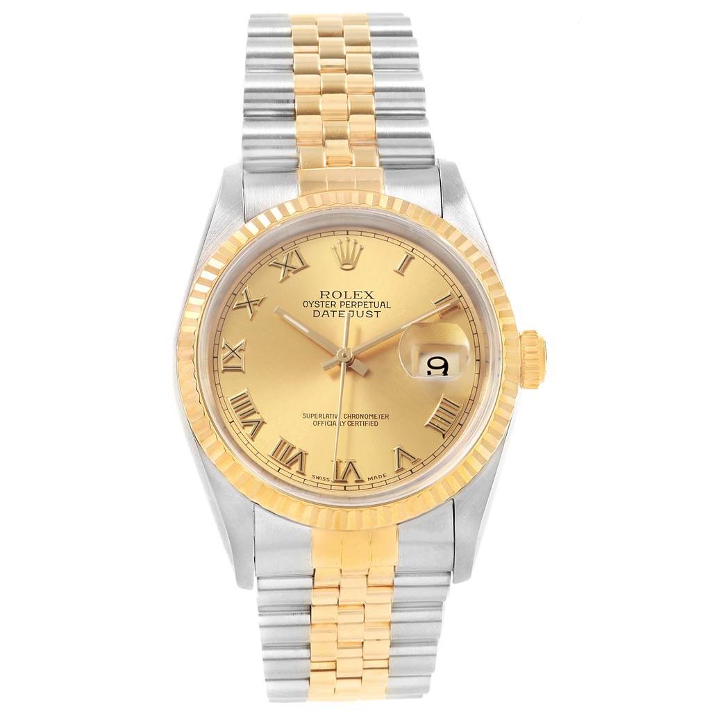 This is a front view of a Rolex Datejust 16233 Men's Steel and Gold (two tone) Champagne Dial 16233 Men's Steel and Gold (two tone) Champagne Dial watch, showing the dial, bezel, and a two-tone stainless steel and gold bracelet.