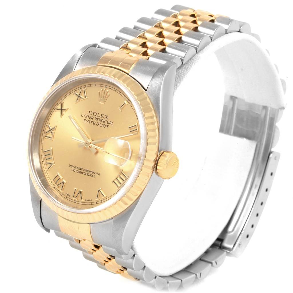 The image shows a Rolex Datejust 16233 Men's Steel and Gold (two tone) Champagne Dial 16233 Men's Steel and Gold (two tone) Champagne Dial watch at a three-quarter angle, highlighting the dial, bezel, crown, and two-tone bracelet.