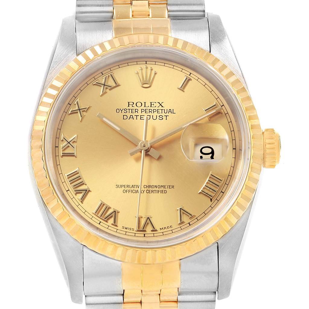 The image shows a front-facing view of the Rolex Datejust 16233 Men's Steel and Gold (two tone) Champagne Dial 16233 Men's Steel and Gold (two tone) Champagne Dial watch, featuring a gold dial, Roman numeral markers, and a two-tone bracelet.