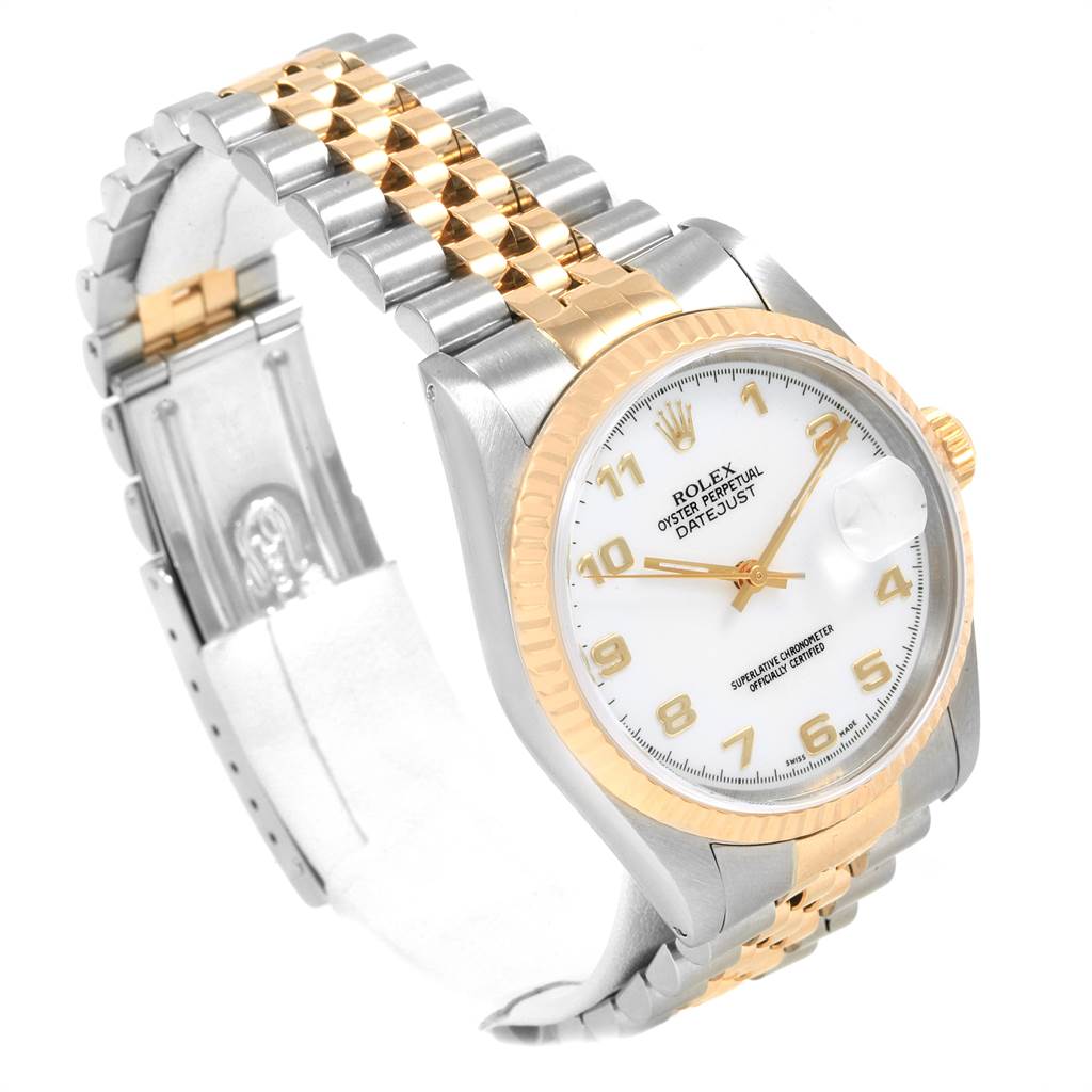 The image shows a Rolex Datejust 16233 Men's Steel and Gold (two tone) White Dial 16233 Men's Steel and Gold (two tone) White Dial watch at a slight angle, highlighting the face, crown, bezel, and two-tone bracelet.