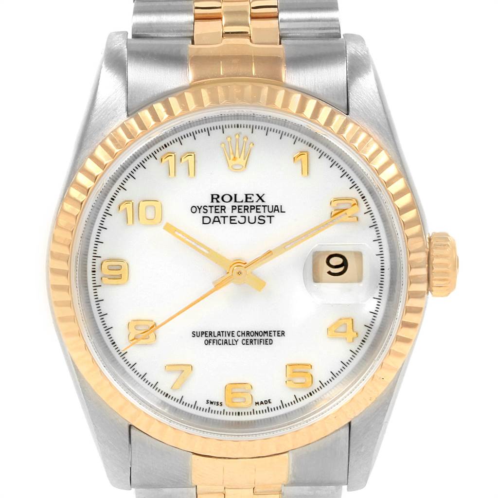 The image shows a front view of the Rolex Datejust 16233 Men's Steel and Gold (two tone) White Dial 16233 Men's Steel and Gold (two tone) White Dial watch, highlighting its dial, bezel, crown, and part of the bracelet.