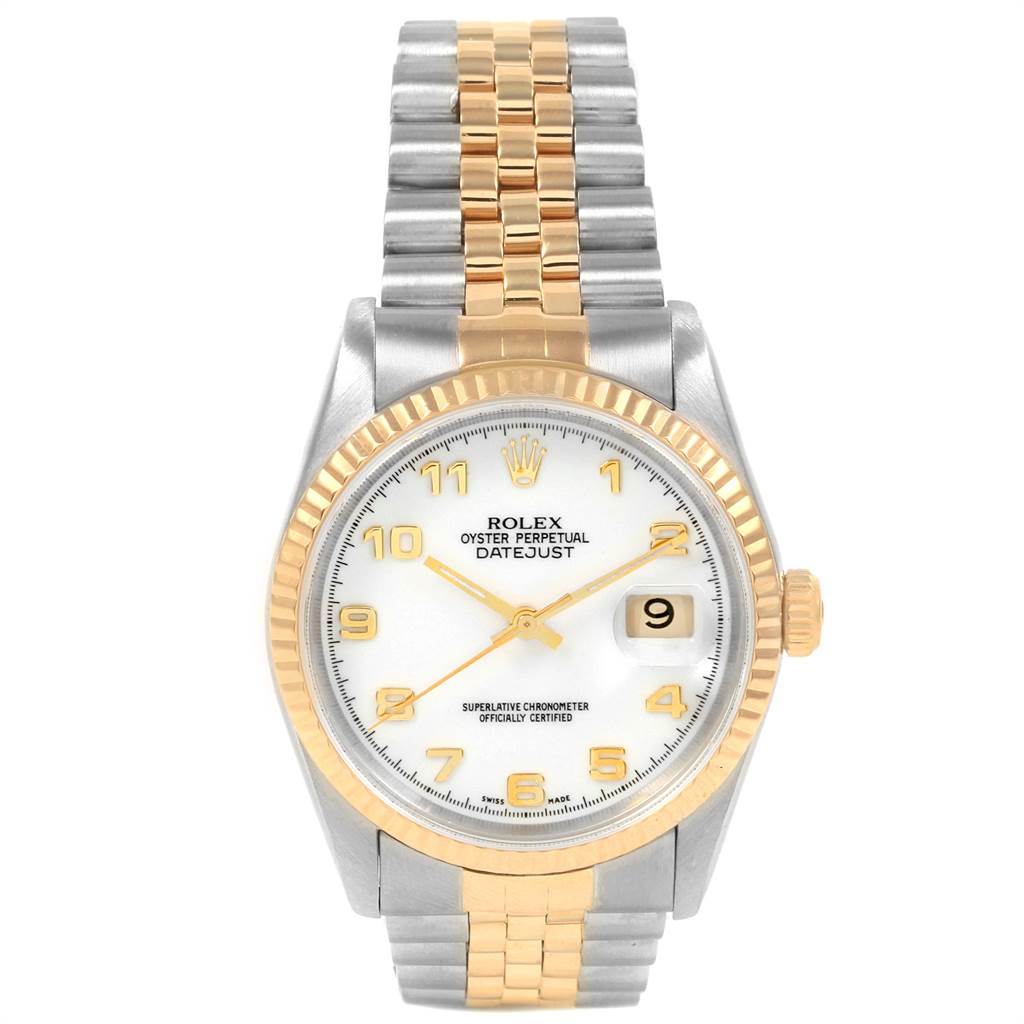 This image shows a front view of the Rolex Datejust 16233 Men's Steel and Gold (two tone) White Dial 16233 Men's Steel and Gold (two tone) White Dial watch, highlighting its dial, bezel, crown, and two-tone bracelet.