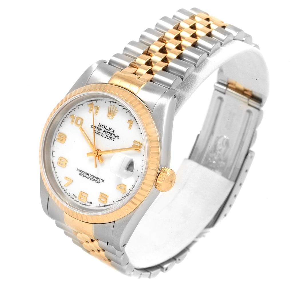 This image shows a Rolex Datejust 16233 Men's Steel and Gold (two tone) White Dial 16233 Men's Steel and Gold (two tone) White Dial watch at a three-quarter angle, highlighting the dial, two-tone bracelet, and fluted bezel.