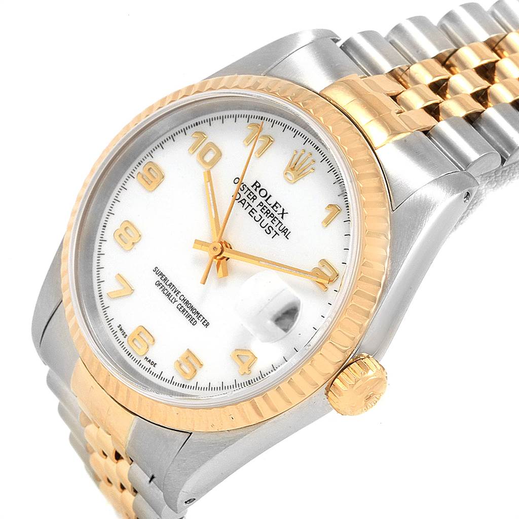 The Rolex Datejust 16233 Men's Steel and Gold (two tone) White Dial 16233 Men's Steel and Gold (two tone) White Dial watch is shown at an angle from the side, highlighting the face, bezel, crown, and part of the bracelet.
