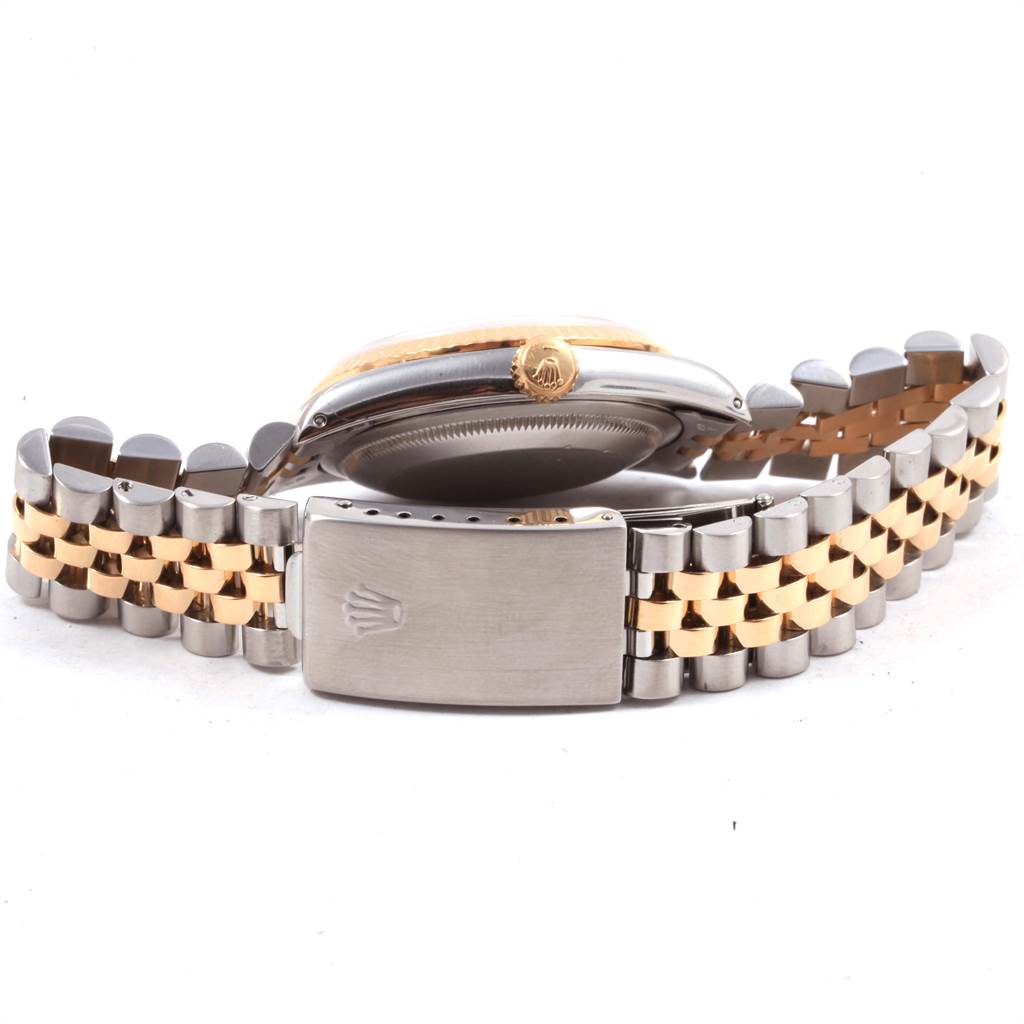 The image shows the side and back of a Rolex Datejust 16233 Men's Steel and Gold (two tone) White Dial 16233 Men's Steel and Gold (two tone) White Dial watch, highlighting its two-tone bracelet and clasp.