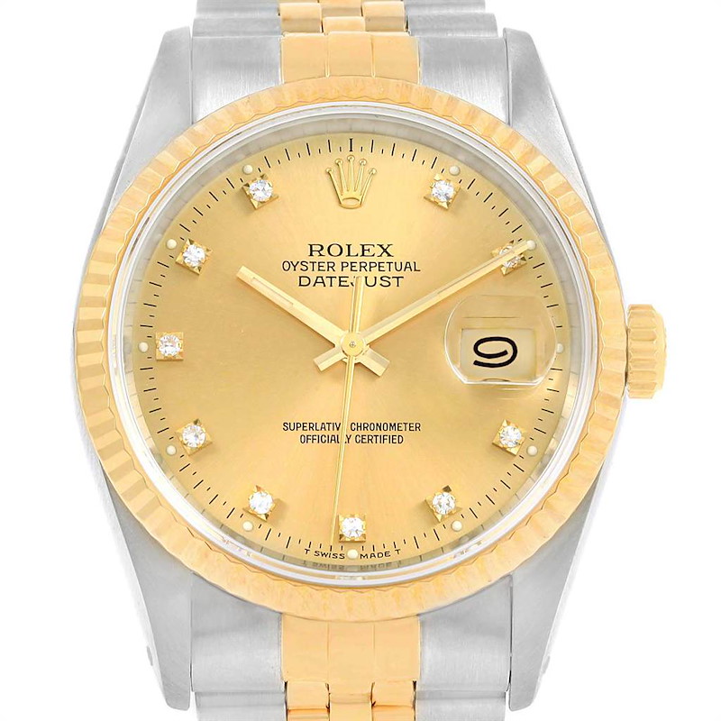 Rolex Datejust 36mm Steel Yellow Gold Diamond Dial Unisex Watch 16233 SwissWatchExpo