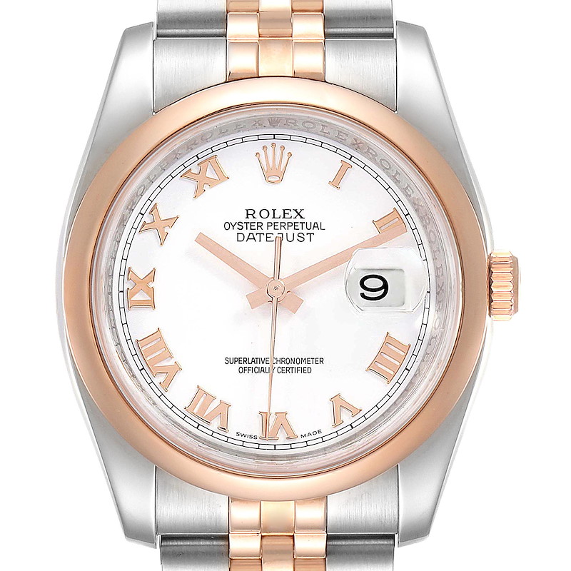 Rolex Datejust 36 Steel Rose Gold White Roman Dial Watch 116201 SwissWatchExpo