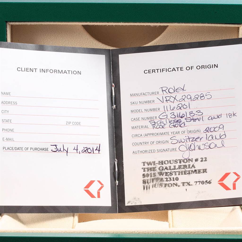The image shows the certificate of origin and client information for a Rolex Datejust 116201 Men's Steel and Gold (two tone) White Dial 116201 Men's Steel and Gold (two tone) White Dial model, within its green box.