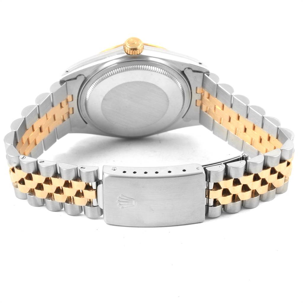 The image shows the back case and Jubilee bracelet of a Rolex Datejust 16013 Men's Stainless Steel Silver Dial 16013 Men's Stainless Steel Silver Dial watch, including the clasp with the Rolex logo.