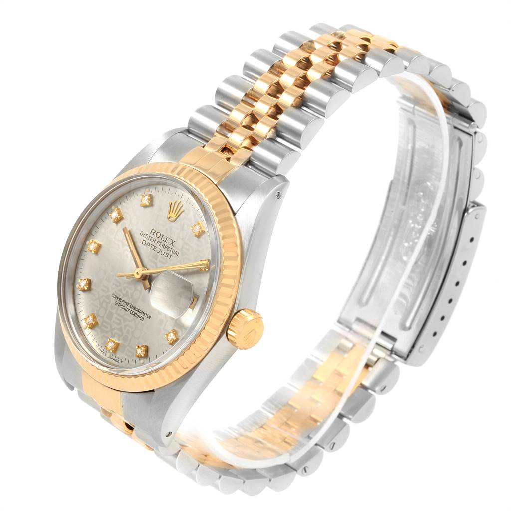 The Rolex Datejust 16013 Men's Stainless Steel Silver Dial 16013 Men's Stainless Steel Silver Dial watch is shown at a three-quarter angle, displaying its dial, bezel, crown, and two-tone bracelet.