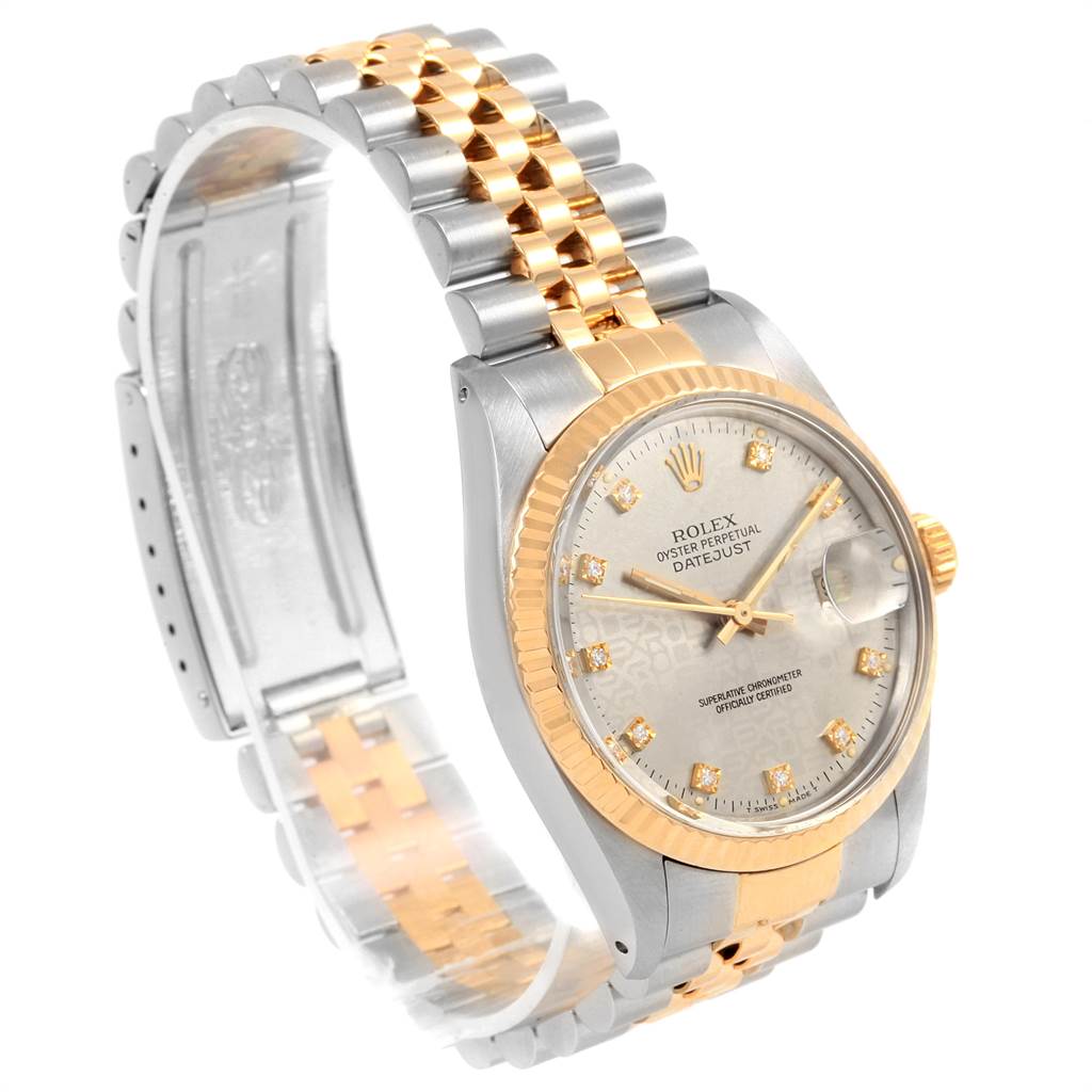 This Rolex Datejust 16013 Men's Stainless Steel Silver Dial 16013 Men's Stainless Steel Silver Dial watch is shown from a front-side angle, highlighting its silver and gold bracelet, face, and case.