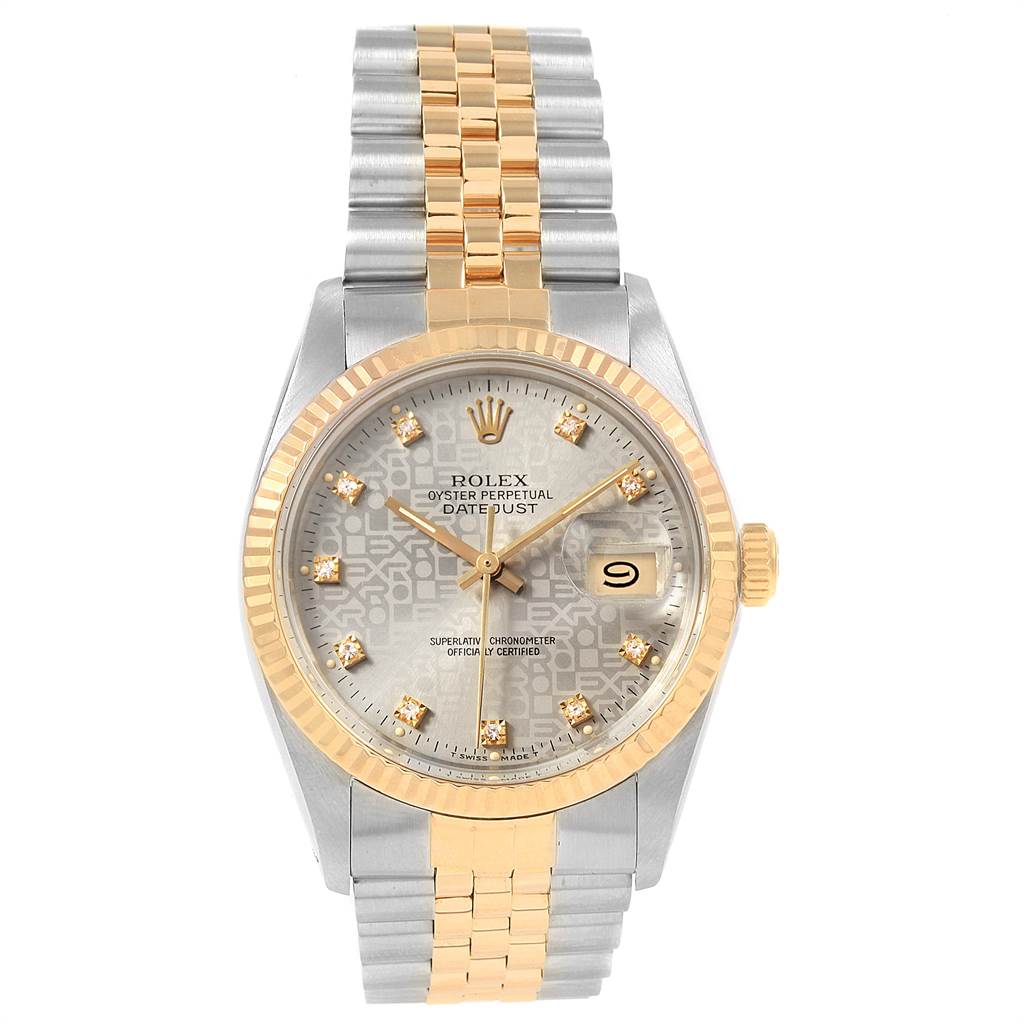 This image shows a Rolex Datejust 16013 Men's Stainless Steel Silver Dial 16013 Men's Stainless Steel Silver Dial watch from a frontal angle, featuring its dial, bezel, and bracelet.