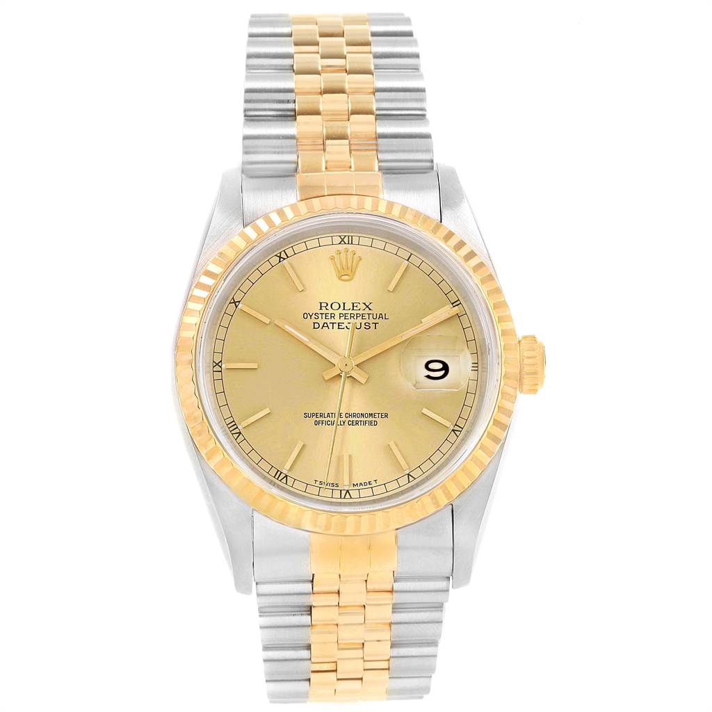 This image shows a Rolex Datejust 16233 Men's Steel and Gold (two tone) Champagne Dial 16233 Men's Steel and Gold (two tone) Champagne Dial watch in a front view, highlighting its gold and silver bracelet, fluted bezel, and gold dial.