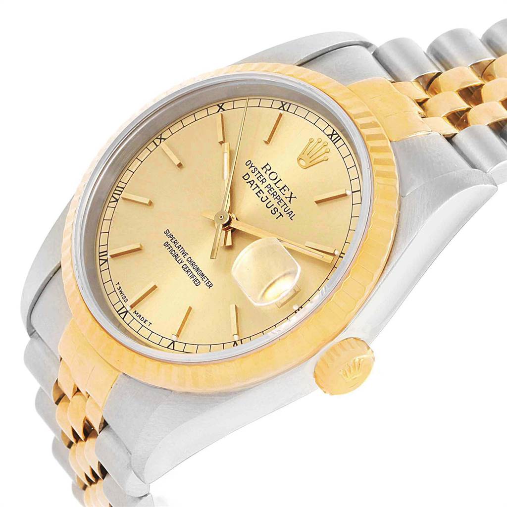 This image shows a Rolex Datejust 16233 Men's Steel and Gold (two tone) Champagne Dial 16233 Men's Steel and Gold (two tone) Champagne Dial watch at an angled close-up, revealing the face, bezel, crown, and part of the bracelet.