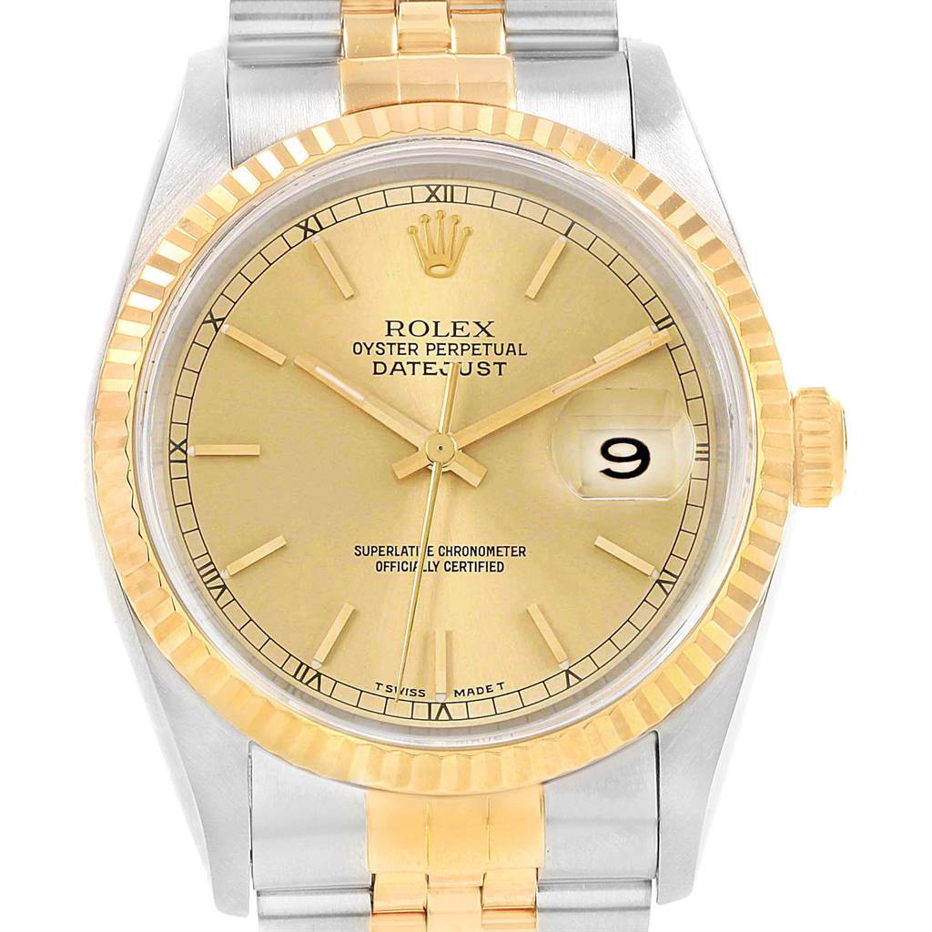 The Rolex Datejust 16233 Men's Steel and Gold (two tone) Champagne Dial 16233 Men's Steel and Gold (two tone) Champagne Dial model watch is shown from a front angle, highlighting its dial, fluted bezel, and two-tone Jubilee bracelet.