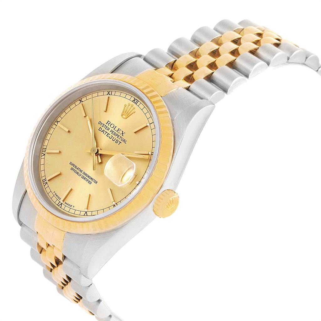 This image shows a side angle view of the Rolex Datejust 16233 Men's Steel and Gold (two tone) Champagne Dial 16233 Men's Steel and Gold (two tone) Champagne Dial watch, featuring its dial, crown, bezel, and bracelet.