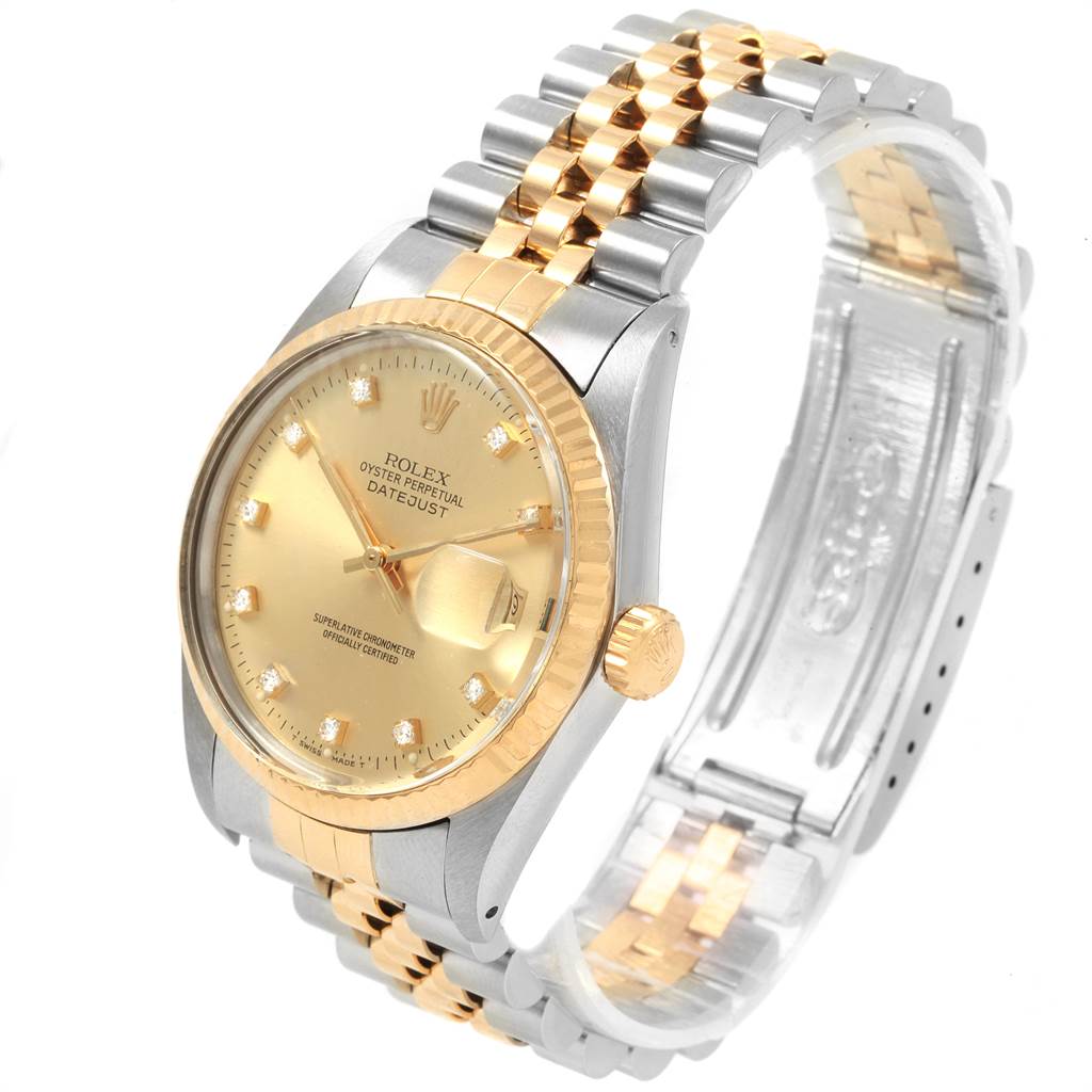 The image shows a Rolex Datejust 16013 Men's Stainless Steel Champagne Dial 16013 Men's Stainless Steel Champagne Dial watch from an oblique angle, highlighting the face, bezel, crown, and two-tone bracelet.