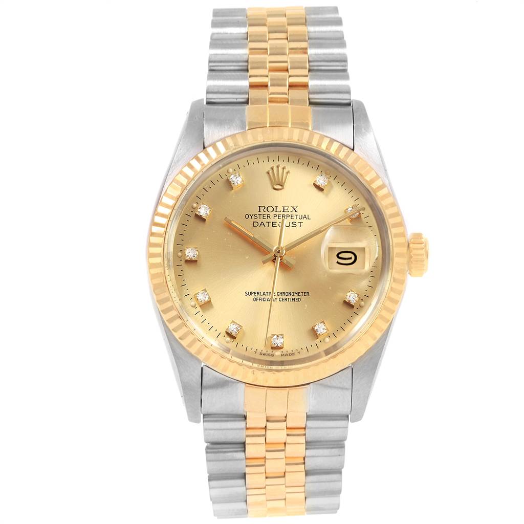 The image shows a front view of a Rolex Datejust 16013 Men's Stainless Steel Champagne Dial 16013 Men's Stainless Steel Champagne Dial model, displaying its gold dial, date window, and two-tone bracelet.