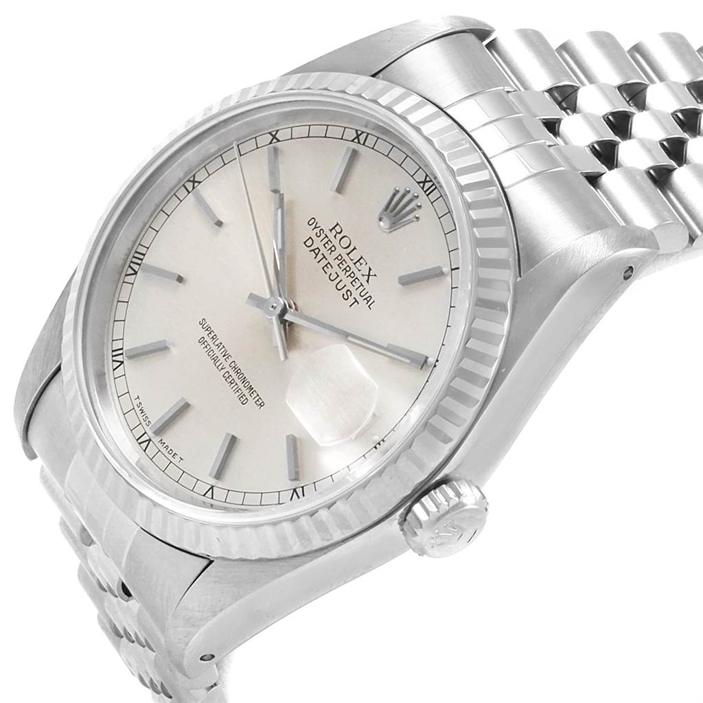 The image shows a Rolex Datejust 16234 Men's Stainless Steel Silver Dial 16234 Men's Stainless Steel Silver Dial watch from a side angle, displaying the dial, bezel, crown, and part of the bracelet.