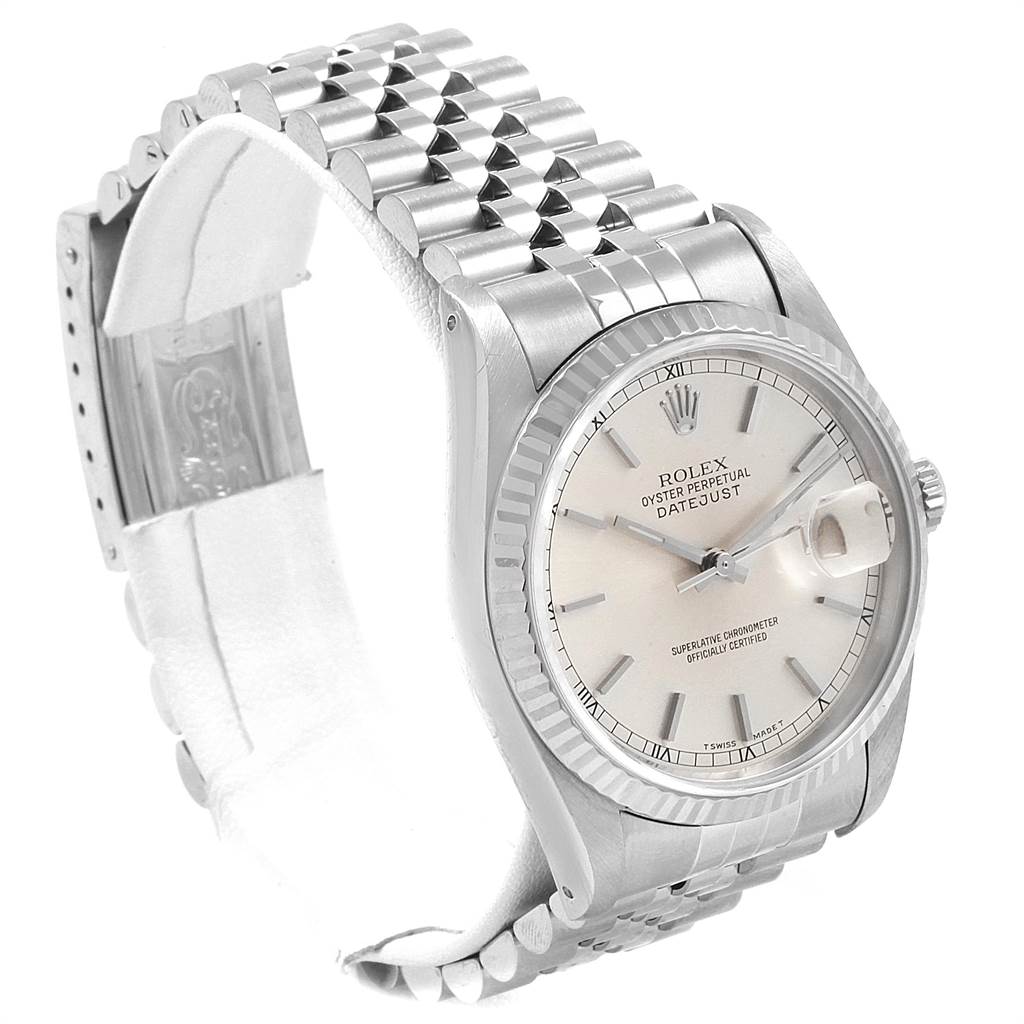 The image shows a Rolex Datejust 16234 Men's Stainless Steel Silver Dial 16234 Men's Stainless Steel Silver Dial watch from a front-left angle, highlighting its dial, bezel, and Jubilee bracelet.