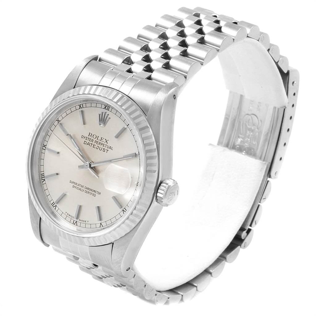 The image shows a Rolex Datejust 16234 Men's Stainless Steel Silver Dial 16234 Men's Stainless Steel Silver Dial watch from an angled view, highlighting the dial, bezel, crown, and bracelet.