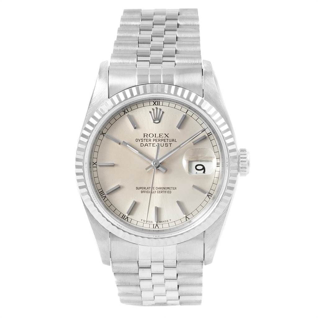 The Rolex Datejust 16234 Men's Stainless Steel Silver Dial 16234 Men's Stainless Steel Silver Dial watch is seen from a front angle, showing its dial, fluted bezel, and jubilee bracelet.